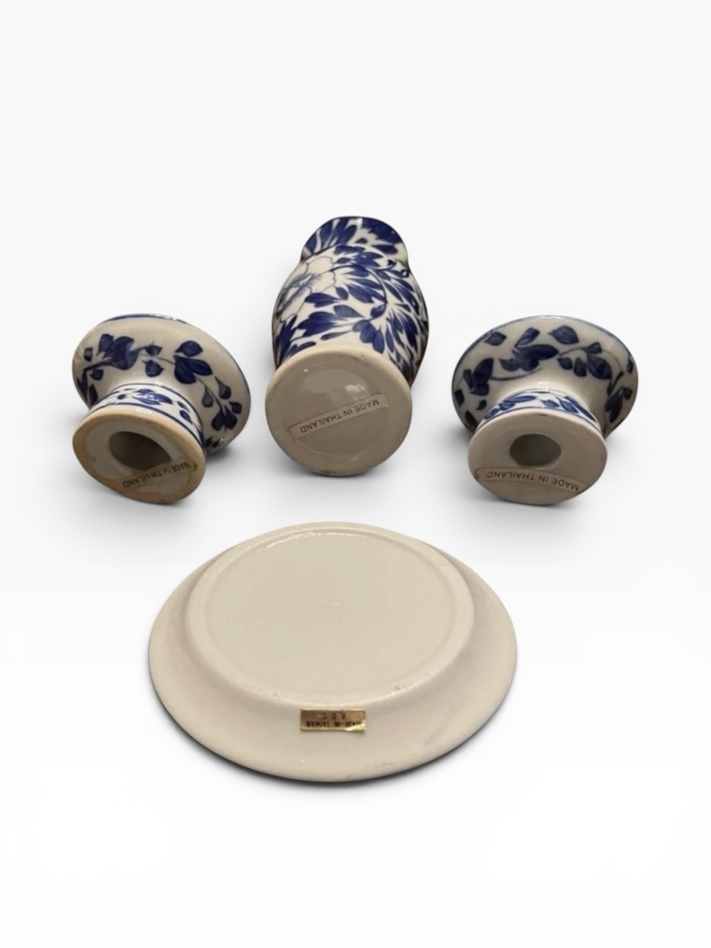Vintage Mini Blue White Chinoiserie Ceramic Vase Plate Candle Holder Set - Picture 5 of 11
